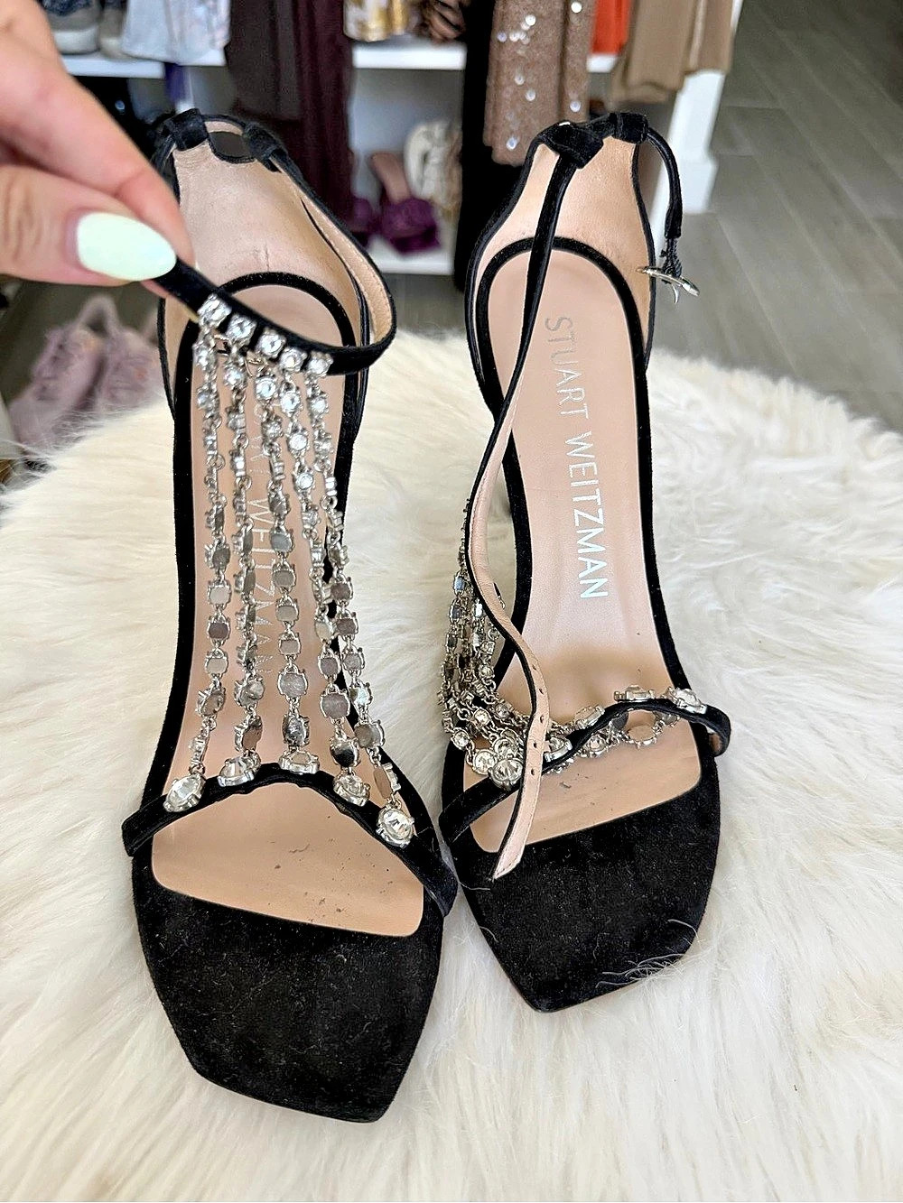 Stuart Weitzman 100FringeSquareNudist Black Heels US 8.5